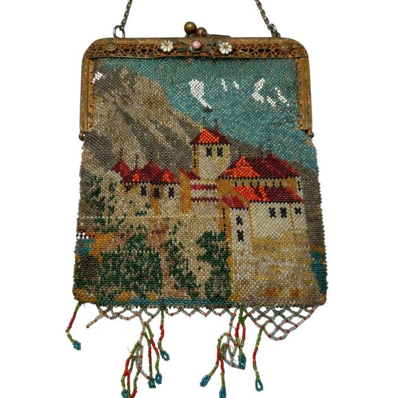1920s Antique Beaded Scenic Purse Castle Design Enamel Frame VTG - Picture 8 of 10